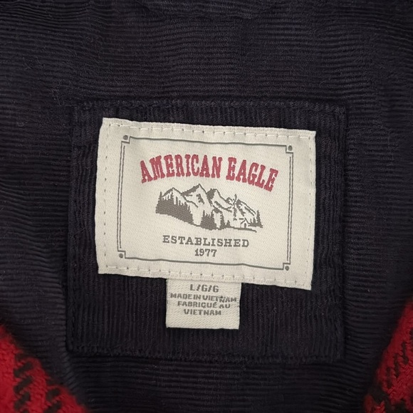 American Eagle Flannel Plaid Hoodie Shacket Black Red Men’s Large - Picture 6 of 8